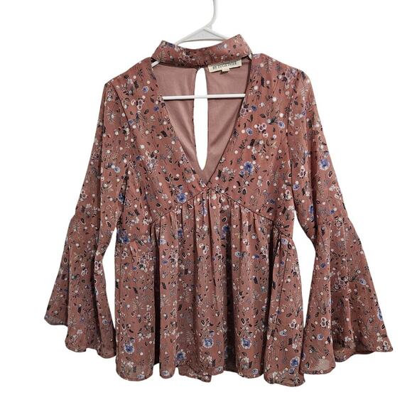 Boho Floral V-Neck/Choker Neck Womens Pink Babydoll Flowy Top Bell Sleeve Size S - Picture 1 of 9